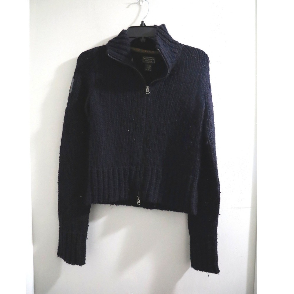 Abercrombie & Fitch Vintage Wool Blend Full Zip Chunky Knit Sweater Black Small